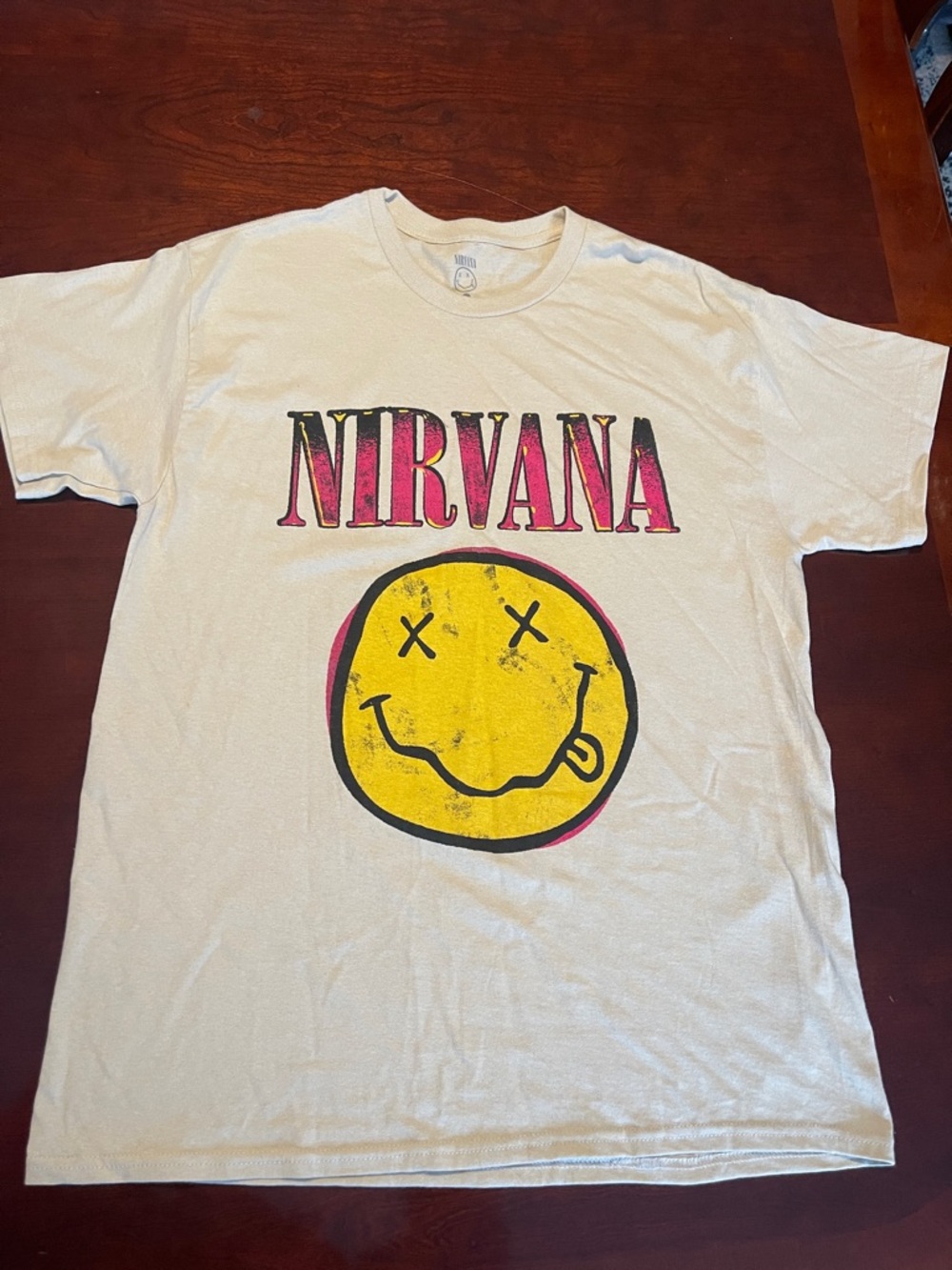 NIRVANA Cream Tee with Yellow Smiley and Pink Logo - NWOT Size L
